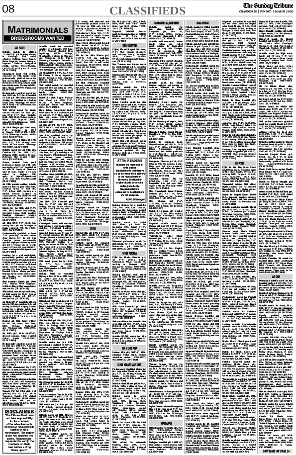 Matrimonial Ads in Tribune Newspaper