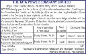Loss of Share Certificate Ad