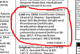 Lost Certificate Ad in newspaper