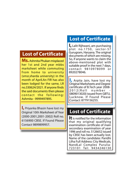 Lost of certificate ads in newspaper