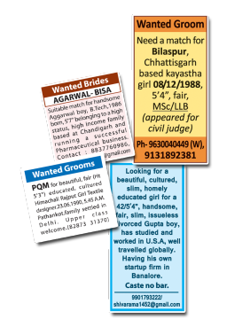 Matrimonial Ads in Newspaper