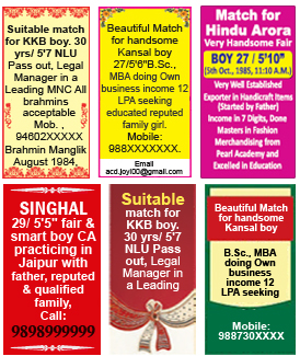 Matrimonial Ads in Hindu Newspaper