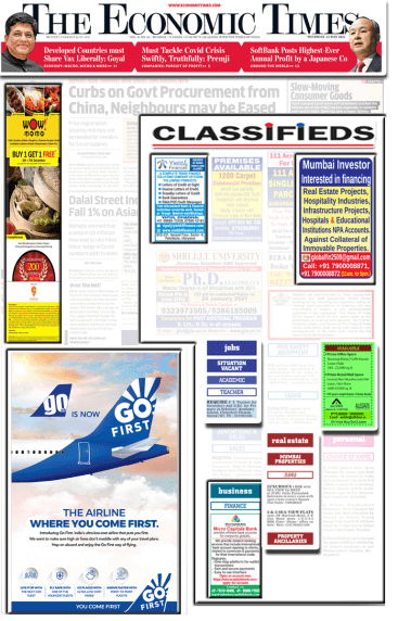 Classified Ads in Economic Times Newspaper