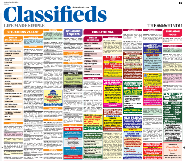 Hindu Newspaper Classified Ad